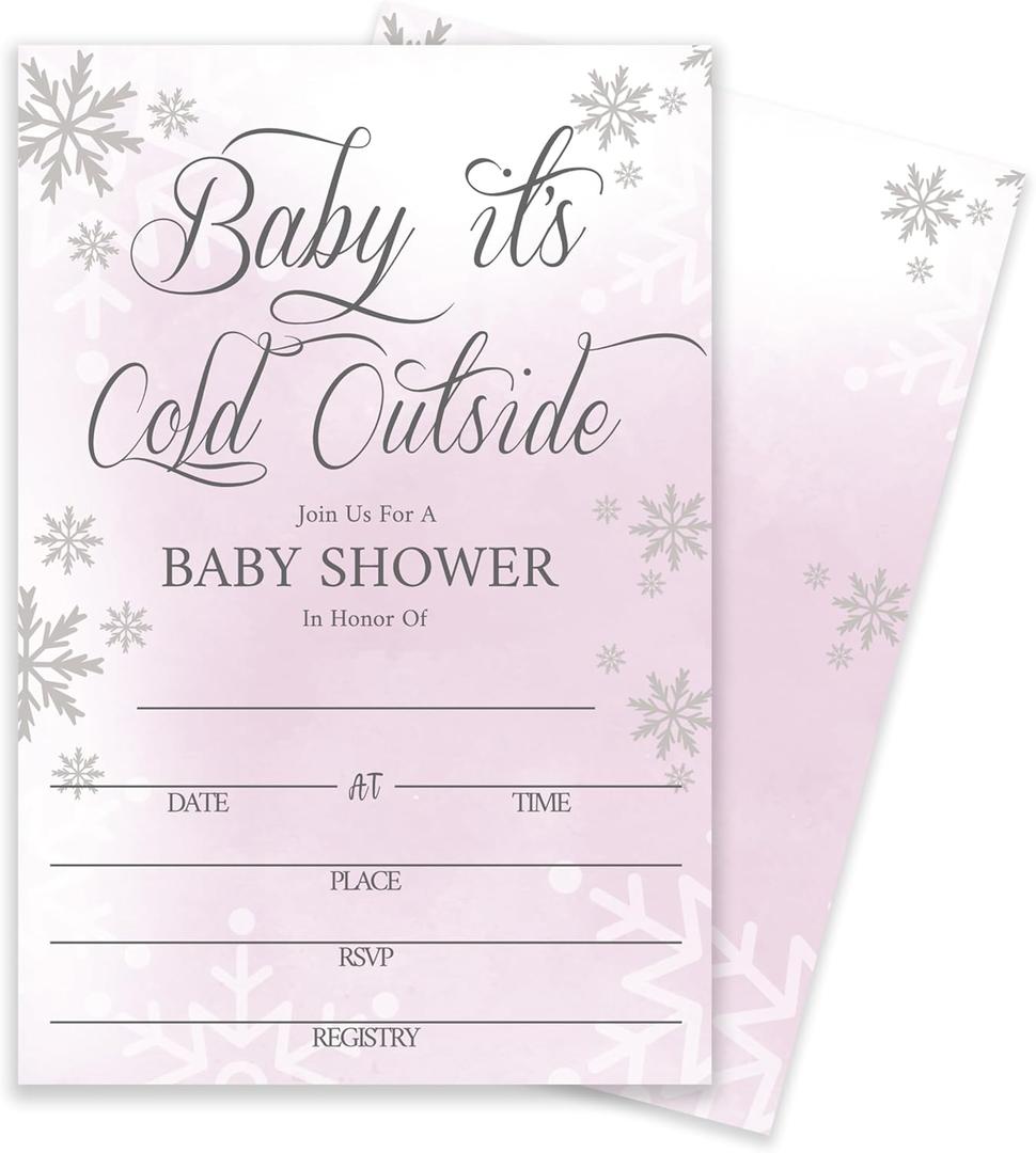 Baby Its Cold Outside Baby Shower Invitations  Winter Girl Cards, Pink Purple Silver Snowflake Design, 20 Pack with Envelopes, Party Supplies (088)