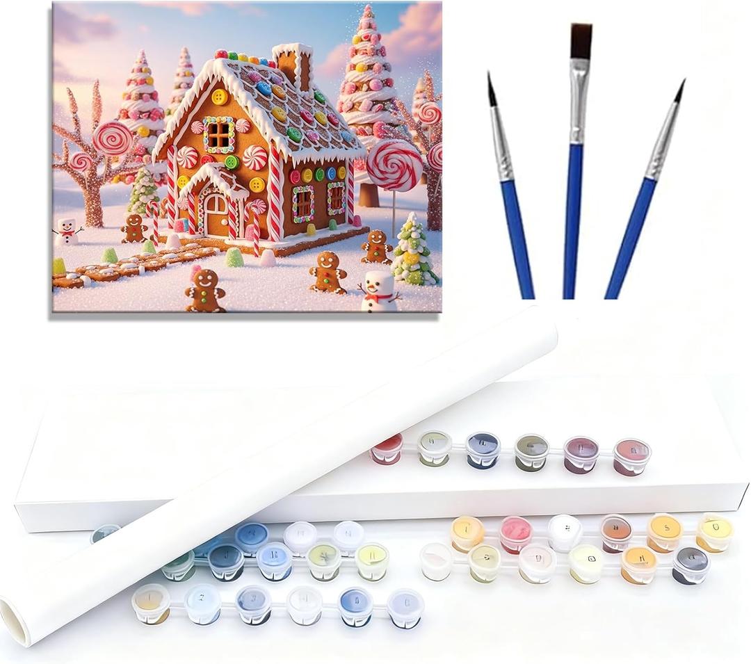 Christmas Paint by Numbers Kit for Adults  DIY Gingerbread House Painting on Canvas for Holiday Home Decor, Beginner Friendly Art Set for Christmas Gifts