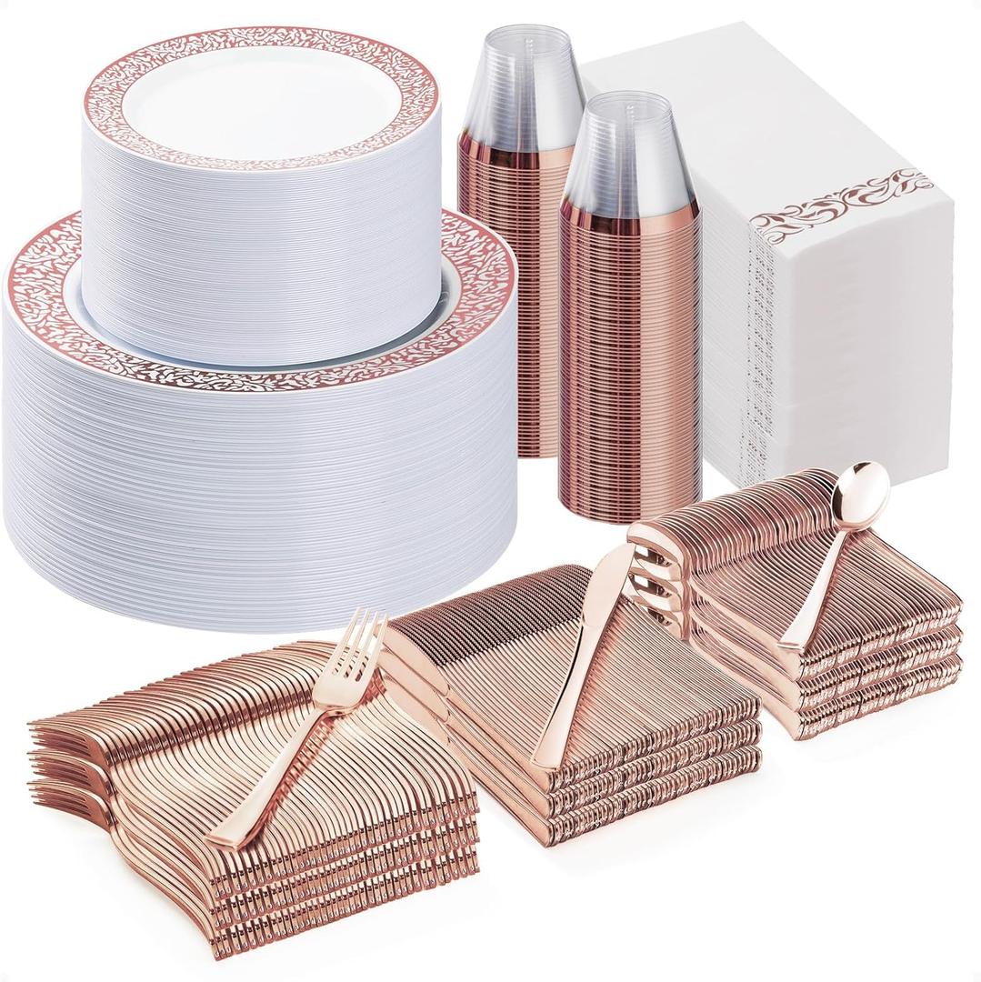 Bestluck 700PCS Rose Gold Plastic Dinnerware Set for 100 Guests, Disposable Plates for Party, Wedding, Includes 100 Rose Dinner Plates, 100 Dessert Plates, 100 Sets of Silverware, 100 Cups, 100 Napkins