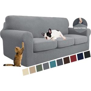 YEMYHOM Latest Checkered 4 Pieces Couch Covers for 3 Cushion Couch High Stretch Thickened Sofa Cover for Dogs Pets Elastic Slipcovers Living Room Furniture Protector (Light Gray), 71"-91"(3 Cushions)