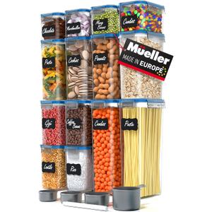 Mueller Airtight Food Storage Container Set with Lids  14-Piece, Kitchen & Pantry Organization and Storage, Dishwasher, Freezer and Microwave Safe  14 Labels, 4 Measuring Cups and Marker, Blue