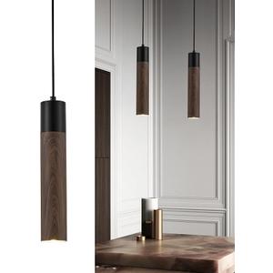 ELYONA Modern Bauhaus Pendant Light Fixtures, Walnut Wood Grain & Matte Black Metal, Industrial Cylinder Hanging Pendant Light for Kitchen Island Dining Room Bedroom Living Room GU10 LED Bulb Included