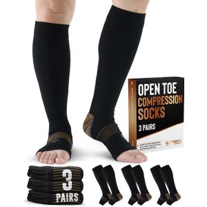 Doctor's Select 3 Pairs Copper Toeless Compression Socks for Men - 20-30 mmHg Compression Socks Men Open Toe, Toeless Socks, Black with Copper (Large-X-Large)