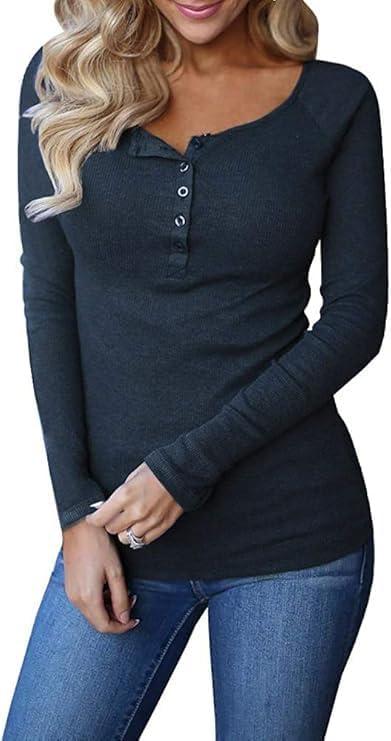 Remikstyt Womens Long Sleeve Henley Shirts Ribbed Button Down Casual Tunic Tops (Large, Navy)