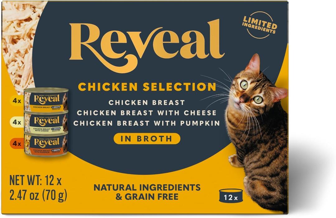 Reveal Natural Wet Canned Cat Food, 3-Flavor Variety Pack, Limited Ingredient, Grain Free, High Protein with No Artificial Additives, Chicken Variety in Broth, (12x 2.47 oz Cans) (EXP 12/11/29)