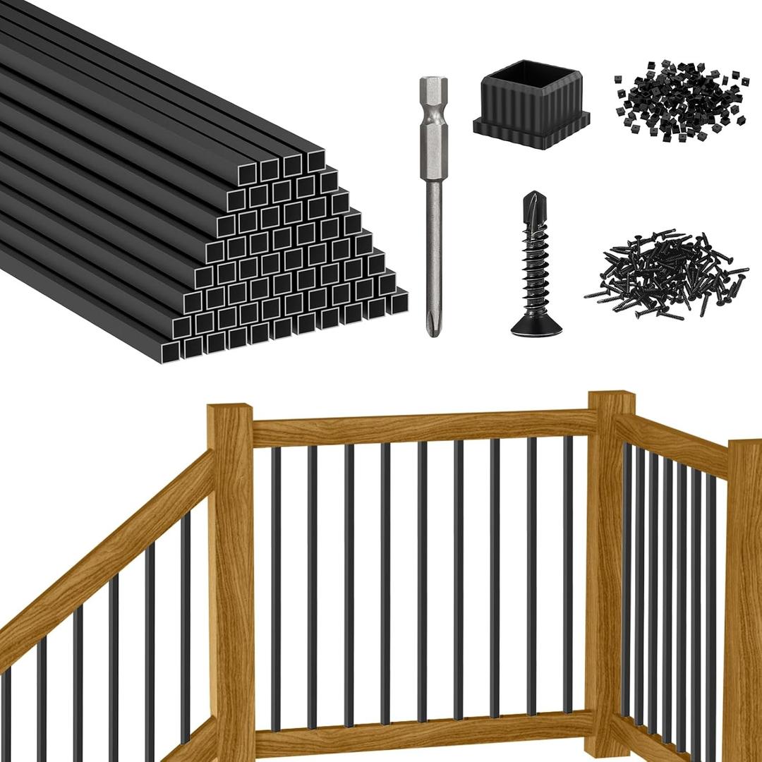 CKE 36" Square Deck Balusters, 60 Packs Black Aluminum Deck Balusters for Wood and Composite Deck Railings with Screws & Balusters Conectors, 3/4" Diameter Hollow Square Aluminum Deck Spindles S36