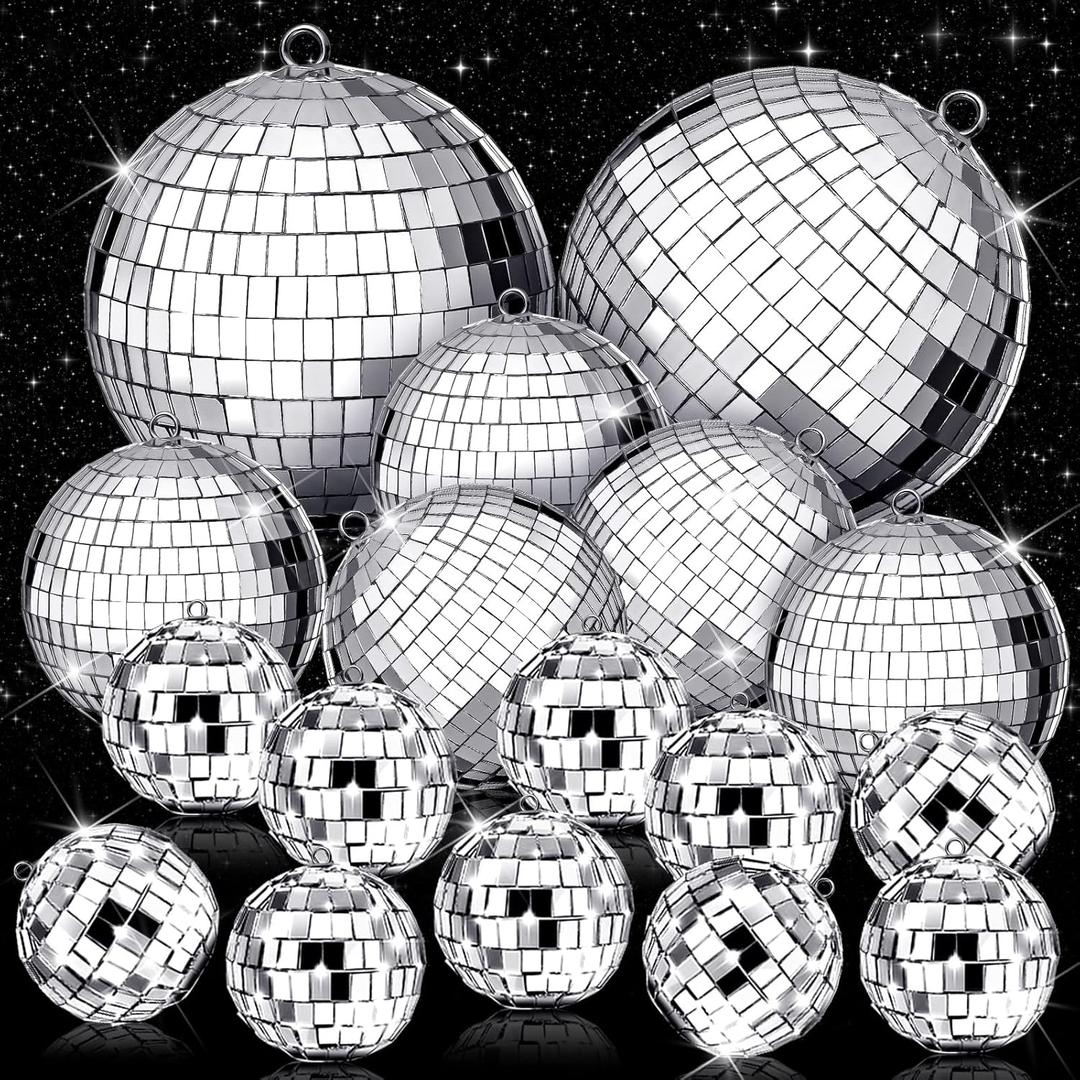 WILLBOND 17 Pack Disco Balls Set, 6 Inch, 3 Inch, 2 Inch Silver Mirror Balls, Retro Disco Decorations for Party, Wedding, Music Festivals, Club Stage Props, DJ Decoration