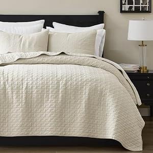 palassio Beige 100% Cotton Quilt King Size Bedding Sets with 2 Pillow Shams, Textured Lightweight Soft Bedspread Shabby Chic Coverlet, Neutral Quilted Comforter Bed Cover for All Season, 3 Pieces