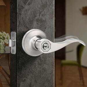 Moquin Wave Design Keyed Entry Door Lever with Lock, Reversible Door Handle for Right/Left Side Front/Entrance Door Lock in Satin Nickel Finish