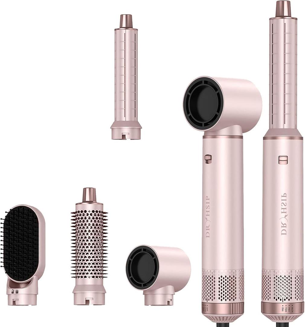 5 in 1 Hair Styler & Hair Dryer Brush, Low-Speed Negative Ionic Air Styler Drying, Multi Hair Styler, Professional Blow Dryer Brush for Curling Volumizing Straightening Styling (Pink)