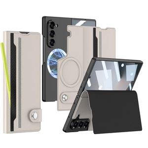 XIMAND for Samsung Galaxy Z Fold 6 Leather Case with Card Slots, Kickstand, Anti-Shock, Magnetic Buckle, Compatible with Magsafe Magnetic Wireless Charging.(Titanium Grey)