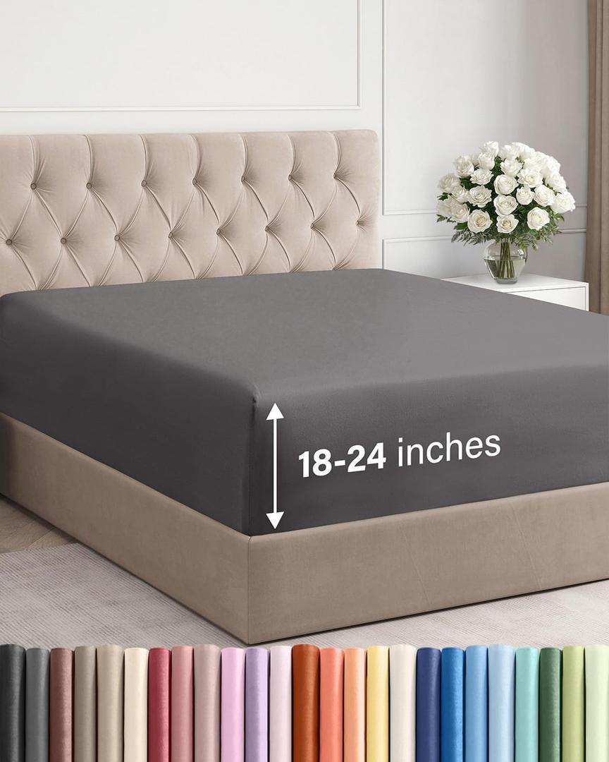 Extra Deep King Fitted Sheet - Hotel Luxury Single Fitted Sheet Only - Easily Fits 18 inch to 24 inch Mattress - Ultra Soft, Wrinkle & Fade Free w/Extra Deep Pockets - Breathable & Comfy - Dark Grey