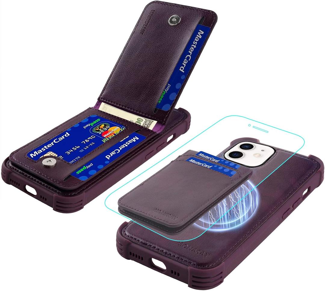 MONASAY Magwallet Case Fit for iPhone 12 Pro/12, [Support MagSafe Wireless Charging][Glass Screen Protector] Flip Magnetic Leather Wallet Phone Cover with Detachable Card Holder, Purple