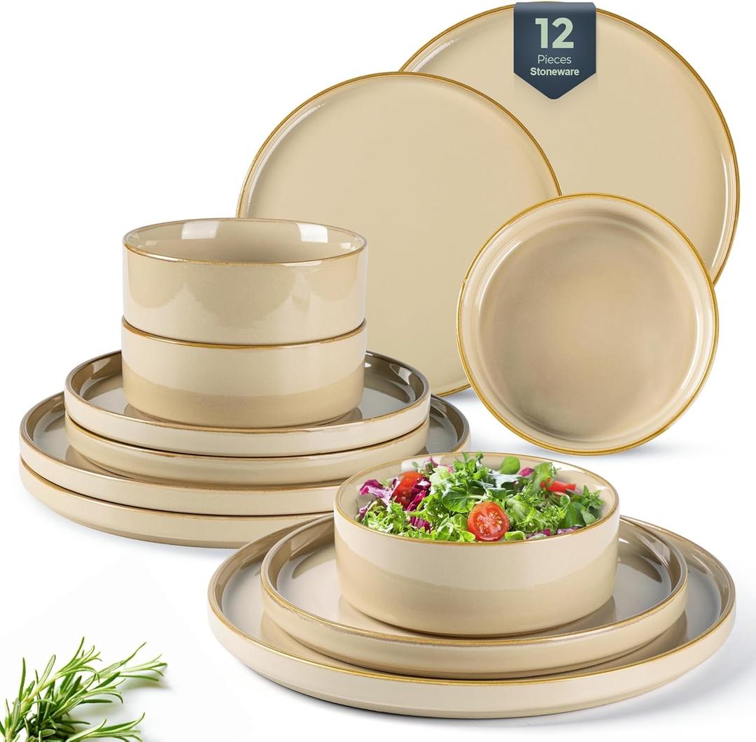 GBHOME Ceramic Dinnerware Sets for 4, 12 Pieces Stoneware Plates and Bowls Sets, Reactive Glaze Dishes -Scratch Resistant, Dishwasher&Microwave Safe-Warm Sand