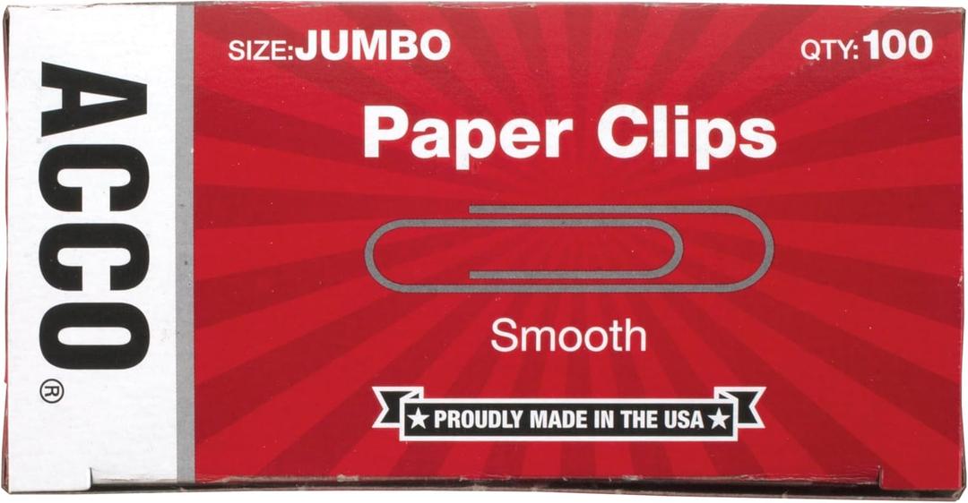 ACCO Paper Clips, Jumbo, Smooth, 100 Clips/Box, 1 Box (72580) (Silver) ACCO Paper Clips, Jumbo, Smooth, 100 Clips/Box, 1 Box (72580) (Silver)
