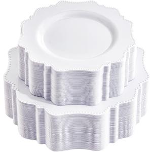 COLOSUS 100 pcs White Plastic Plates Set,Fancy Beaded Plates-European Retro plates include 50 dinner plates and 50 dessert plates,Plastic Disposable plates for BBQ and Party