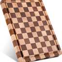Checkered Cutting Board for Kitchen - Solid Wood End Grain Checkerboard Chopping Board with Handle & Juice Groove, Double Sided for Cooking, Serving and Decor, Rectangular 16" x 12" x 1"