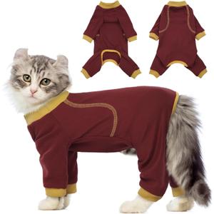 QBLEEV Sticky Hair Cat Clothes, Soft Cat Pajamas for Cats Only, Prevent Lost Fur Kitten Sweater Onesie, Stretchy Recovery Suit for Female Male Cats After Surgery Daily Wear, Burgundy, XS