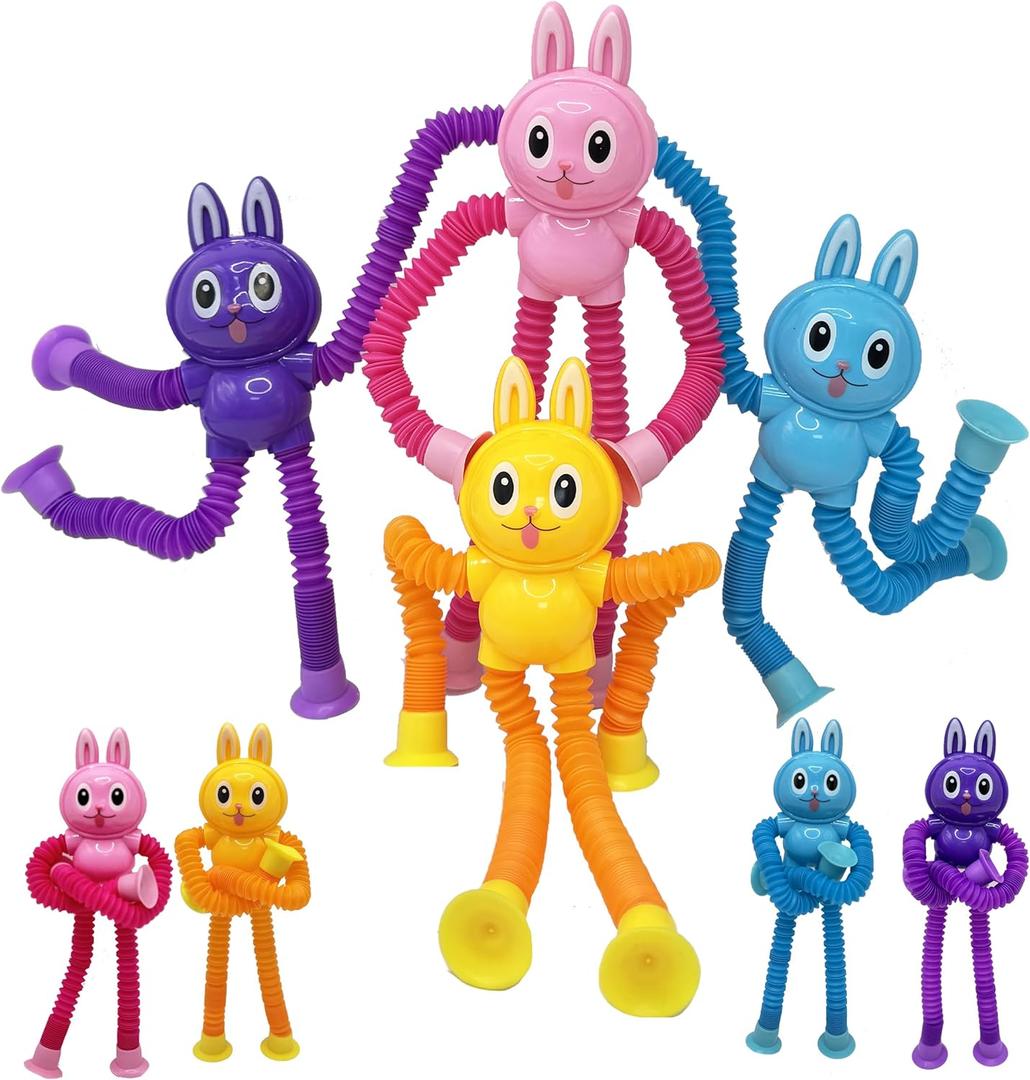 4 Pack Easter Bunny Suction Cup Pop Tubes Toys Sensory Toys Telescopic Suction Cup Toy for Stress and Anxiety Relief, Stocking Stuffers Gift for Kids and Toddlers