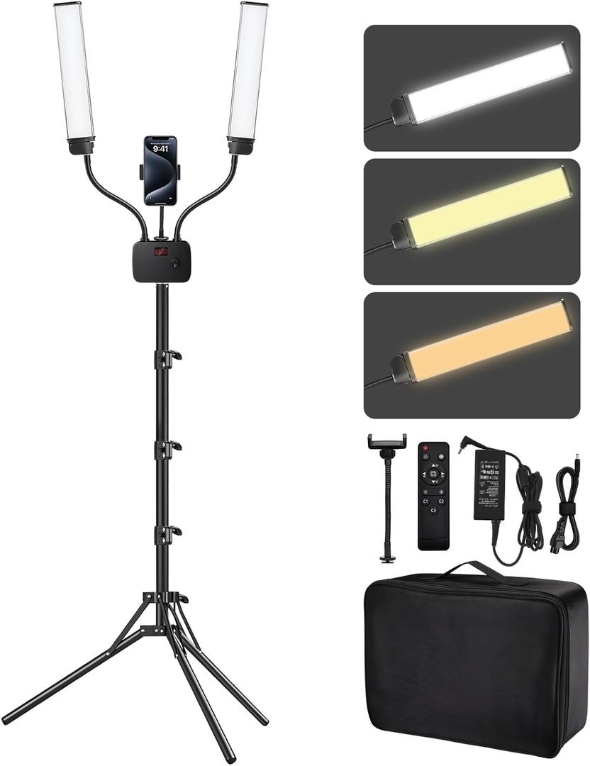 Selfie Light with 75'' Tripod Stand, Dimmable 3 Color LED Dual Arms Ring Light with Phone Holder & Carry Bag for Lash Tattoo Video Photography 45W 95CRI Tripod Floor Lamp