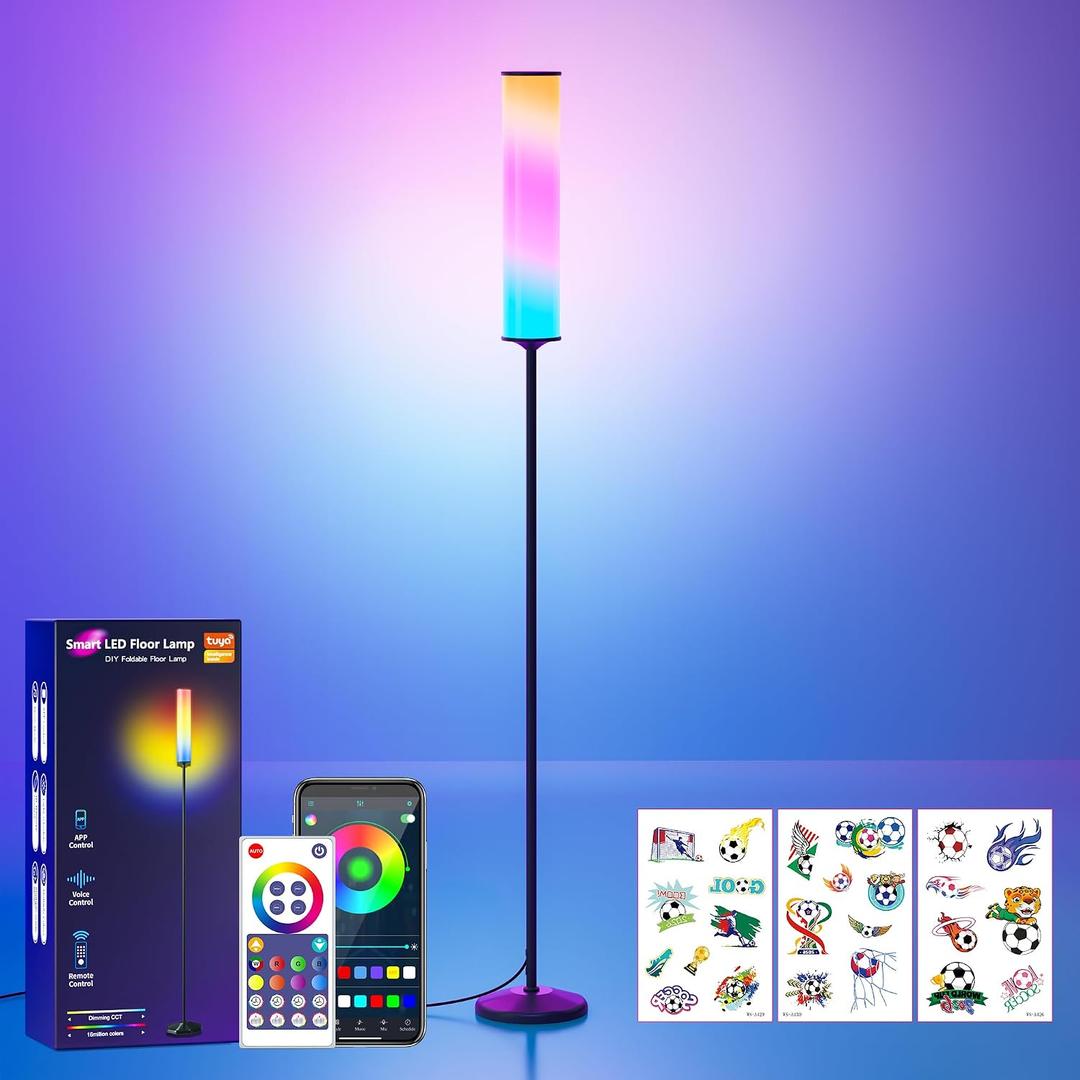 RGB Cylinder Floor Lamp, 1500Lumen Smart Floor Lamps, DIY Mode, Music Sync, Compatible with Alexa, Google, and Apple, for Living Room, Bedroom, Gaming, with Three Stickers