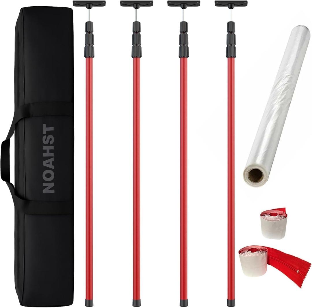 12ft Dust Barrier Poles (4 Packs) with 33x13ft Dust Barrier Sheeting and 2 Heavy Duty Zippers, Dust Containment Telescoping Pole Kit
