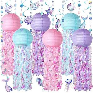 Otuuz 8 Pcs Mermaid Party Decorations Jellyfish Paper Lanterns Hanging Mermaid Garland Under The Sea Ocean Theme Party Supplies for Baby Shower Birthday Classroom Decoration