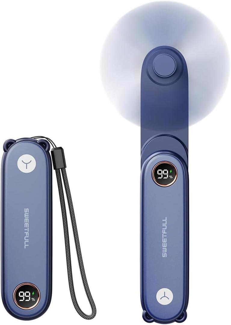 SWEETFULL Portable Handheld Mini Fan with LED Display, 3-in-1 Personal Foldable USB Rechargeable Hand Held Fan & Flashlight for Travel, Lash Eyelash, Cute Small Pocket for Women, Girls (Blue)