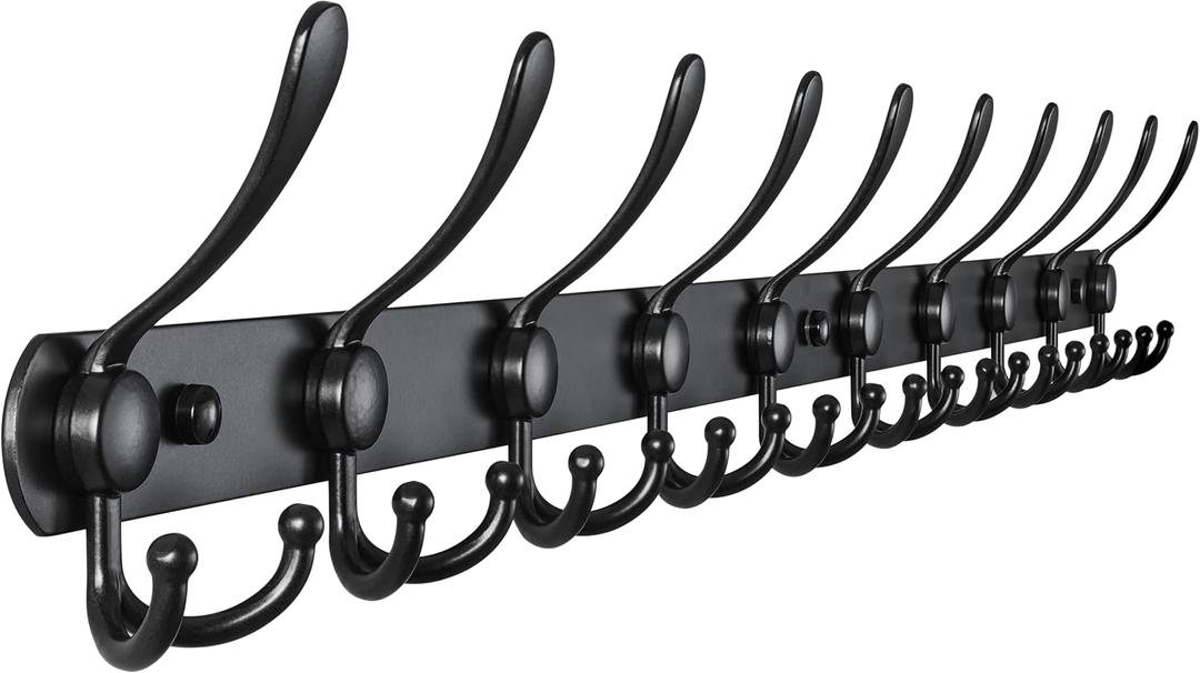 Dseap Coat Rack Wall Mount - 38 Long 10-Tri-Hooks Heavy Duty Coat Hanger Rail Wall Hooks for Hanging Coats Hats Clothing Clothes Purse Mudroom Entryway, Black