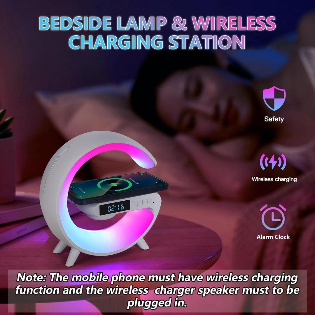 Mini Wireless Speaker with Atmosphere Light, Wireless Charging, Alarm Clock and Bedside Lamp White