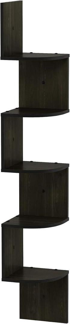 Furinno ROSSI Floating Book Shelves for Wall, 5-Tier Zigzag Corner Shelf Wall Mounted, Radial Corner Floating Shelf, for Living Room, Bedroom, Bathroom, Home Office, Espresso