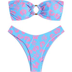 ZAFUL Women's Bandeau Bikini O Ring Strapless Tie Back High Cut Two Piece Swimsuit Bathing Suits (Blue, L)