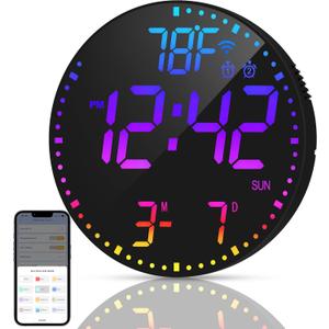 Kasbin 12” Smart Digital Wall Clock with App Control, Auto Brightness, Dual Alarm, Date/ Temp(°F/ °C) Display - 12 RGB Colors for Bedroom, Living Room, Office, Ideal Gift for Seniors