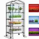 Mini Indoor Greenhouse with Grow Light - Portable Outdoor for Plants Green House Cabinet with Wheels, Tent Cover, 4 LED Lights with Dimmable 3 Color 36W, 4 Tier Gardening Shelves