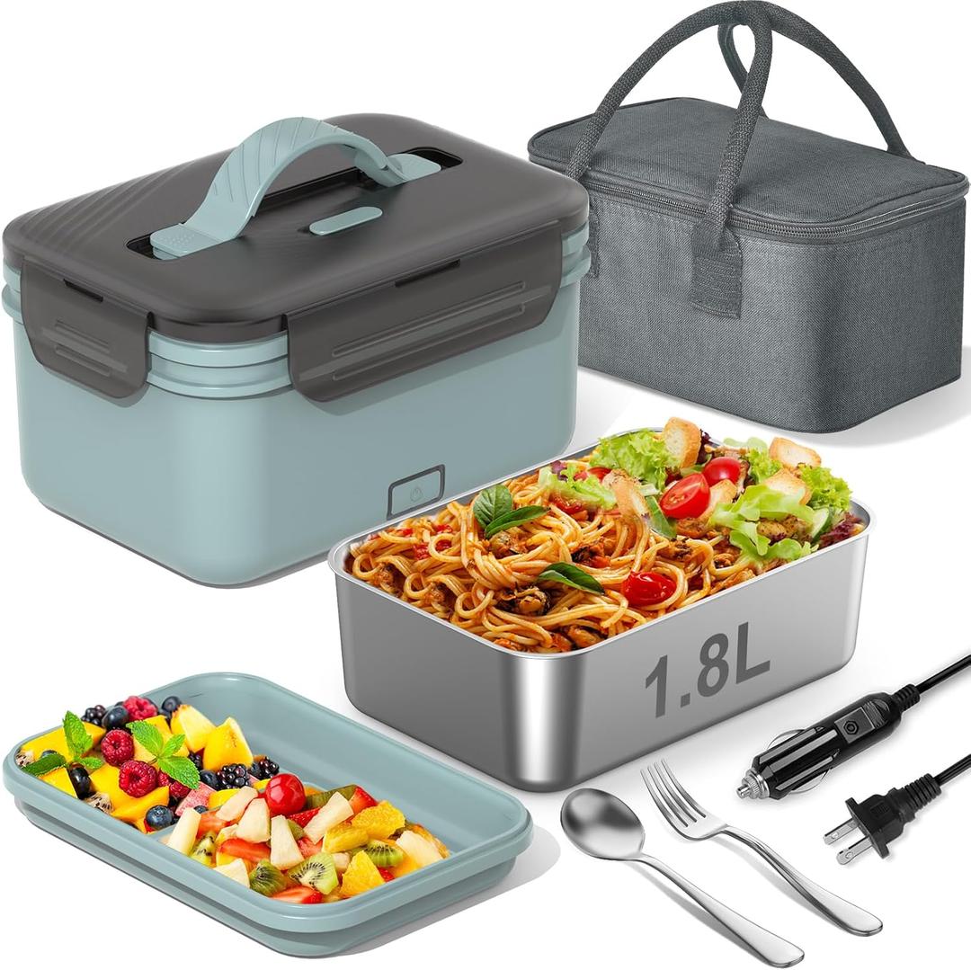 Electric Heated Lunch Box for Car, Truck, Home  1.8L 100W Portable Food Warmer with 12V/24V/110V/220V Plug  Stainless Steel Leakproof Container  Hot Meal Solution for Work, Travel, Jobsite, Camping (Bule & Gray)