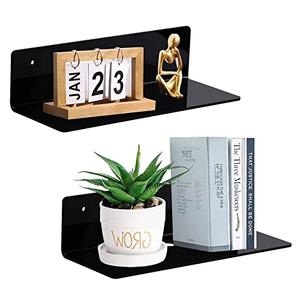 luium 9 Inch Acrylic Floating Shelf No Drill Adhesive Wall Shelf Set of 2 for Funko Pop Storage, Floating Shelves Damage-Free Expand Wall Space for Living Room, Bathroom, Gaming Room, Office - Black