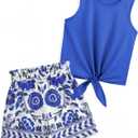 Arshiner Girl's 2 Piece Outfits Tie Knot Tank Top and Paperbag Waist Pocketed Summer Short Sets (Blue, 150)