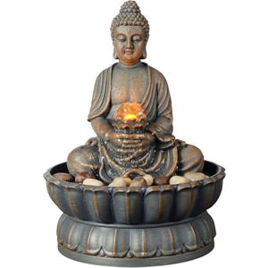 Kalona Home Dcor 9.6" Tabletop Fountain Exquisite Smile Sitting Buddha Fountains Desk Water Fountain Decorative Zen Fountain w/Reflective Lighting/Cobblestone Office and Home Decor(21125A)