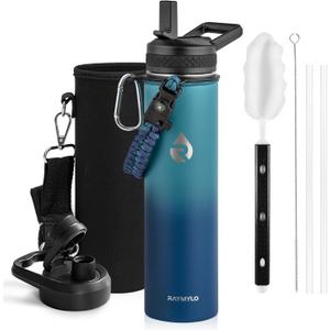 RAYMYLO Insulated Water Bottle 24oz, Triple Wall Vacuum Stainless Steel (Cold for 24Hrs, Hot for 12Hrs), Leak Proof & Non-BPA, 24oz Hydro Water Flask with Paracord Handle & Straw Spout Lids (Cyan Blue)