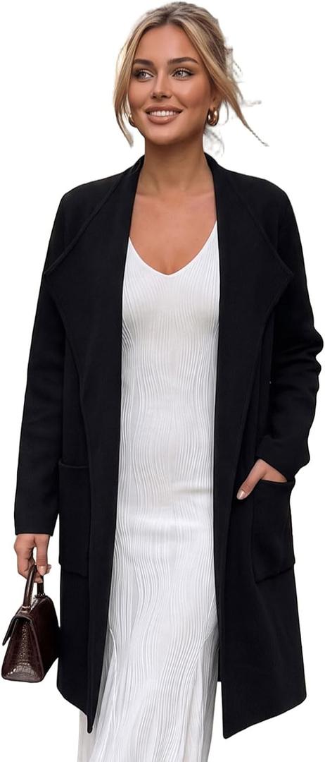 CHICWISH Women Open Front Knit Long Cardigan Patch Pocket Long Sleeve Fall Winter Casual Chunky Coatigan Sweater Coat (Black, S)