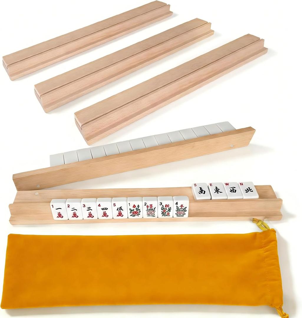 Beech Wood Mahjong Racks with Pushers, Premium Hardwood Tile Holders in Natural Finish, 17.3 Inch Durable Trays Set of 4 for American Mahjong & Dominoes, Smooth Surface Game Accessories (Natural)