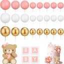 29 Pcs Ball Cake Toppers - Bear Cake Decorations with Cute Bear Blue BABY Letter Blue Gold White Foam Balloon for Baby Shower (Pink)