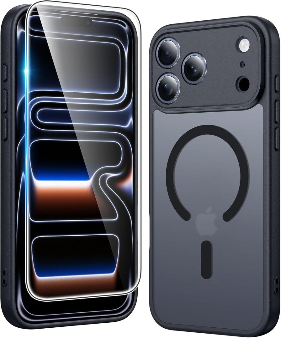 FNTCASE for iPhone 17 Pro Case: Matte Magnetic Phone Cases with Screen Protector Compatible with Magsafe Slim Anti Yellowing Rugged Shockproof Protective Translucent Cell Phone Cover (C-Black)
