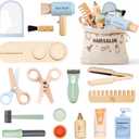 Wooden Makeup Toy Set with Storage Bag, 15PCS Hair Salon Toys for Girls, Wooden Hair Salon Play Set with Mirror & Hair Dryer, Pretend Makeup for Toddlers 3-5, Play Hair Styling Set Birthday Gift