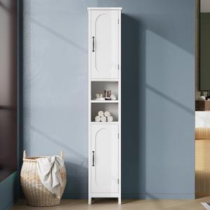 Hawkrown 67" Tall Bathroom Storage Cabinet with Lights, Slim Narrow Bathroom Cabinet Organizer with Doors and Adjustable Shelves, Tall Cabinet for Small Space (66.9" Tall-White with Light)