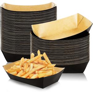 Whaline 100Pcs Disposable Paper Food Trays Black Paper Food Boat 1lb - Grease-Resistant Paper Food Serving Boats for Christmas Appetizers Parties Carnivals Concession Stand Supplies French Fry Holder
