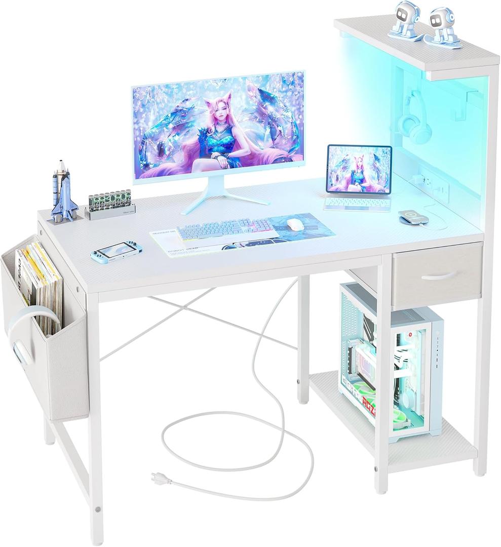 TIQLAB Gaming Desk 40 inch with Power Outlet and LED Light, Computer Desk with Reversible Shelves and Storage Drawer, Small PC Desk for Home Office Table with Bag, Carbon Fiber