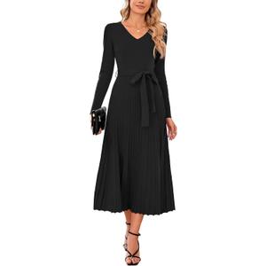 Arach&Cloz Women's Wool Blend Tie Waist Pleated Fall Sweater Dress 2025 (Large, Black)