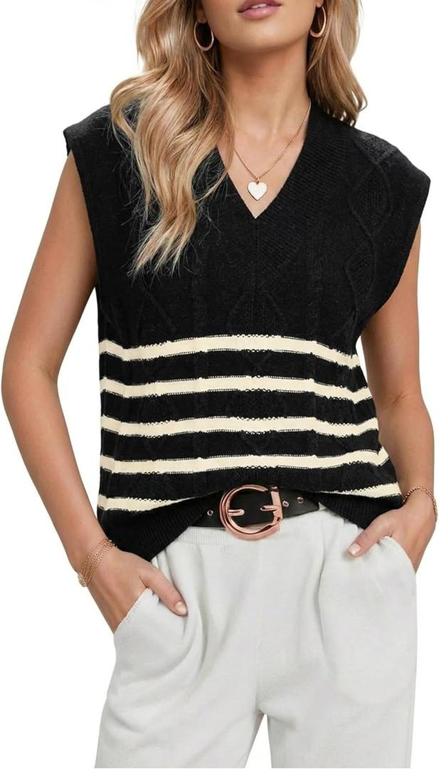 Glamaker Women Summer Striped Sweater Vest Sleeveless V Neck Knit Oversized Casual Cap Sleeve Spring Tops Trendy (L)