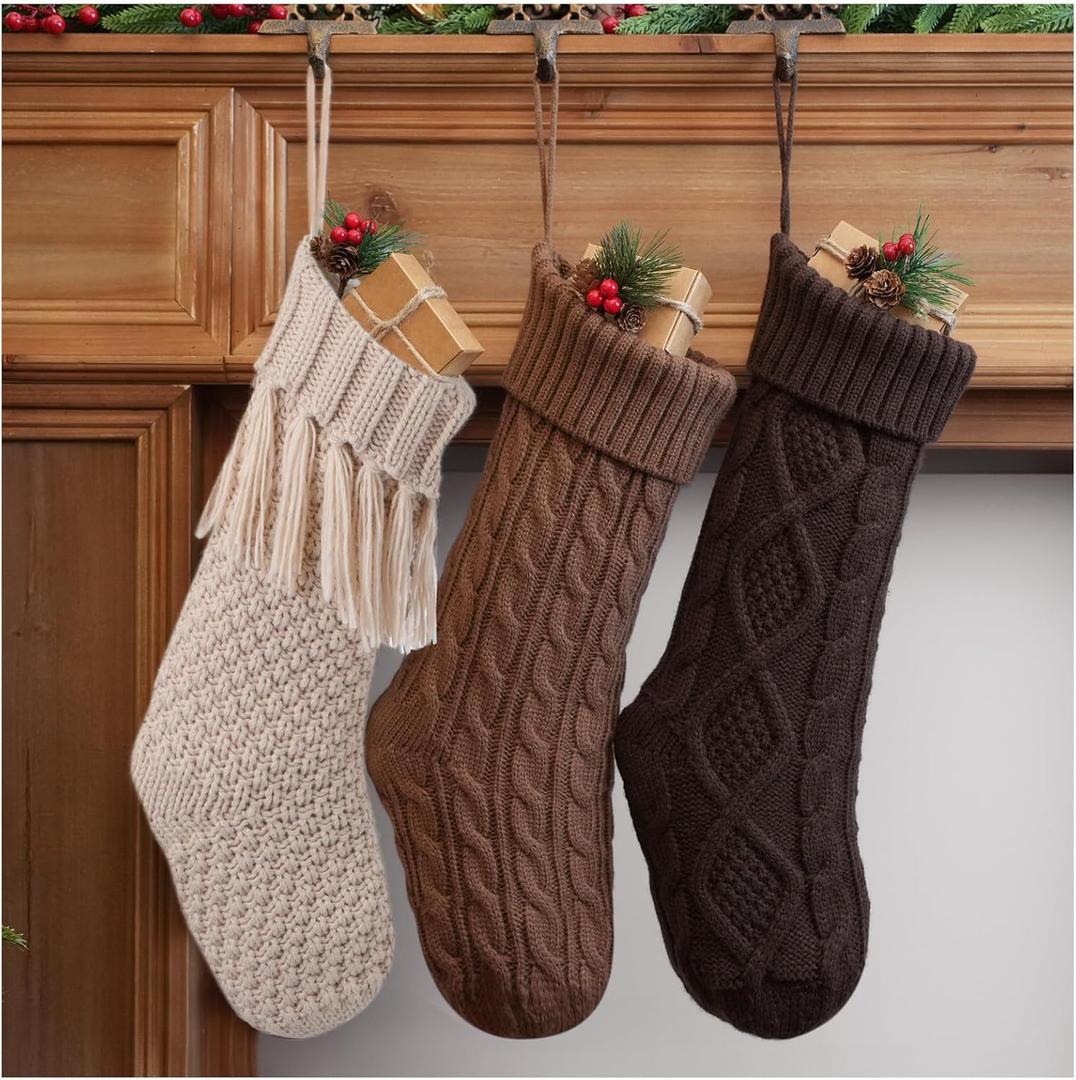 steo spce 3 Pack Farmhouse Christmas Stockings – Large 18” Rustic Boho Vintage Cable Knit Holiday Stockings in Brown and White Neutral Tones for Fireplace Mantel Hanging Family Décor